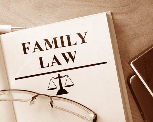 Family law book with words family law and glasses